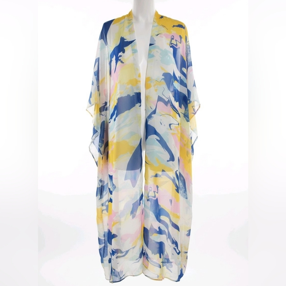 JODIFL SHEER BUTTON-DOWN ABSTRACT COVERUP BLUE PINK WHITE YELLOW SZ LARGE